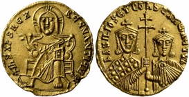 Basil I the Macedonian, with Constantine, 867-886. Solidus (Gold, 19 mm, 4.34 g, 6 h), Constantinopolis. +IhS XPS RЄX RЄGNANTIЧM✱ Christ, nimbate, sea...