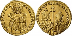 Basil I the Macedonian, with Constantine, 867-886. Solidus (Gold, 20 mm, 4.40 g, 7 h), Constantinopolis, circa 871-886. +IhS XPS RЄX RЄGNANTIЧM✱ Chris...