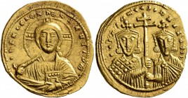 Constantine VII Porphyrogenitus, with Romanus II, 913-959. Histamenon (Gold, 21 mm, 4.40 g, 6 h), Constantinopolis. +IҺS XPS RЄX RЄGNANTIҺm Bust of Ch...