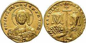 Constantine VII Porphyrogenitus, with Romanus II, 913-959. Solidus (Gold, 19 mm, 4.41 g, 7 h), Constantinopolis, 945-959. +IhS XPS RЄX RЄGNANTIЧM Bust...