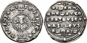 John I Zimisces, 969-976. Miliaresion (Silver, 22 mm, 2.88 g, 12 h), Constantinopolis. +IҺSЧS XRISTЧS ҺICA✷ Cross crosslet set upon globus above two s...