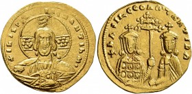 Basil II Bulgaroktonos, with Constantine VIII, 976-1025. Histamenon (Gold, 23 mm, 4.30 g, 6 h), Constantinopolis. +IҺS XIS RЄX RЄGNANTIҺm• Bust of Chr...