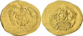 Constantine IX Monomachus, 1042-1055. Histamenon (Gold, 30 mm, 4.39 g, 6 h), Constantinopolis. +IhS XIS RЄX RЄGNANTInm Christ enthroned facing, wearin...