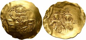 John II Comnenus, 1118-1143. Hyperpyron (Gold, 30 mm, 4.00 g, 6 h), Constantinopolis. Christ seated facing on throne without back, wearing pallium and...