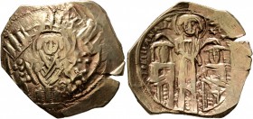 Andronicus II Palaeologus, with Michael IX, 1282-1328. Hyperpyron (Electrum, 24 mm, 4.35 g, 7 h), Constantinopolis. Bust of Virgin Mary, orans, within...