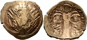 Andronicus II Palaeologus, with Michael IX, 1282-1328. Hyperpyron (Electrum, 23 mm, 4.22 g, 6 h), Constantinopolis. Bust of Virgin Mary, orans, within...