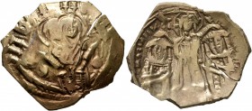 Andronicus II Palaeologus, with Michael IX, 1282-1328. Hyperpyron (Electrum, 24 mm, 4.31 g, 6 h), Constantinopolis. Bust of Virgin Mary, orans, within...
