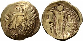 Andronicus II Palaeologus, with Michael IX, 1282-1328. Hyperpyron (Electrum, 23 mm, 4.01 g, 6 h), Constantinopolis. Bust of Virgin Mary, orans, within...