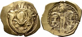 Andronicus II Palaeologus, with Michael IX, 1282-1328. Hyperpyron (Electrum, 26 mm, 4.20 g, 6 h), Constantinopolis. Bust of Virgin Mary, orans, within...