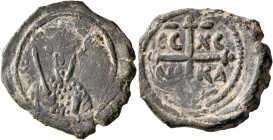 CRUSADERS. Antioch. Tancred , regent, 1101-1112. Follis (Bronze, 24 mm, 5.44 g, 4 h). ΚΕ [ΒΟ TANKP] Cuirassed bust of Tancred facing, wearing turban w...