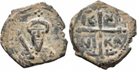CRUSADERS. Antioch. Tancred , regent, 1101-1112. Follis (Bronze, 19 mm, 2.93 g, 6 h). [ΚΕ ΒΟ] TANK[P] Cuirassed bust of Tancred facing, wearing turban...