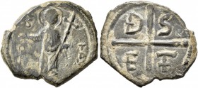 CRUSADERS. Antioch. Tancred , regent, 1101-1112. Follis (Bronze, 20 mm, 3.35 g, 12 h). S PE/TRV[S] Nimbate St. Peter standing facing, raising his hand...