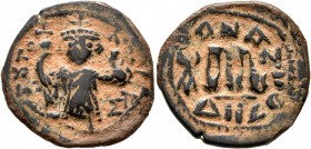 ISLAMIC, Time of the Rashidun. Pseudo-Byzantine types. Fals (Bronze, 22 mm, 3.96 g, 7 h), imitating a EN T૪TO NIKA follis of Constans II, uncertain mi...