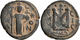 ISLAMIC, Umayyad Caliphate. temp. Mu'awiya I ibn Abi Sufyan , AH 41-60 / AD 661-680. Fals (Bronze, 22 mm, 4.50 g, 6 h), Arab-Byzantine type, Hims. Imp...