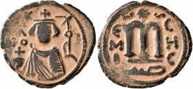 ISLAMIC, Umayyad Caliphate. temp. Mu'awiya I ibn Abi Sufyan , AH 41-60 / AD 661-680. Fals (Bronze, 21 mm, 4.04 g, 7 h), Arab-Byzantine type, Hims. K/A...
