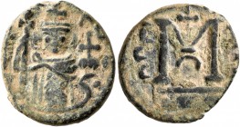 ISLAMIC, Umayyad Caliphate. temp. Yazid I ibn Mu'awiya , AH 60-64 / AD 680-683. Fals (Bronze, 17 mm, 2.77 g, 11 h), Arab-Byzantine type, 'Pseudo-Damas...