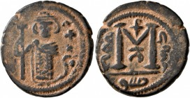 ISLAMIC, Umayyad Caliphate. temp. Yazid I ibn Mu'awiya , AH 60-64 / AD 680-683. Fals (Bronze, 21 mm, 4.84 g, 11 h), Arab-Byzantine type, 'Pseudo-Damas...