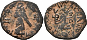 ISLAMIC, Umayyad Caliphate. temp. 'Abd al-Malik ibn Marwan , AH 65-86 / AD 685-705. Fals (Bronze, 19 mm, 2.61 g, 6 h), 'Standing Caliph' type, Tanukh....