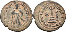 ISLAMIC, Umayyad Caliphate. temp. 'Abd al-Malik ibn Marwan , AH 65-86 / AD 685-705. Fals (Bronze, 22 mm, 3.58 g, 8 h), 'Standing Caliph' type, Hims. C...