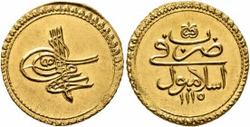 ISLAMIC, Ottoman Empire. Ahmad III , AH 1115-1143 / AD 1703-1730. Zeri İstanbul – Fındık (Gold, 19 mm, 3.51 g, 12 h), Islambul (Constantinople), 1115 ...