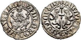 ARMENIA, Cilician Armenia. Royal. Levon I , 1198-1219. Tram (Silver, 22 mm, 3.00 g, 1 h). Levon seated facing on throne decorated with lions, holding ...