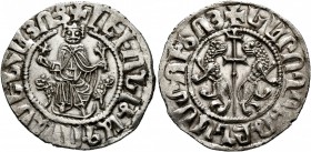 ARMENIA, Cilician Armenia. Royal. Levon I , 1198-1219. Tram (Silver, 22 mm, 2.94 g, 1 h). Levon seated facing on throne decorated with lions, holding ...
