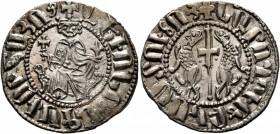 ARMENIA, Cilician Armenia. Royal. Levon I , 1198-1219. Tram (Silver, 22 mm, 3.02 g, 12 h). Levon seated facing on throne decorated with lions, holding...