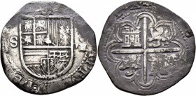 SPAIN, Reino de Espa&#241;a. Felipe II el Prudente , 1556-1598. Cob 8 Reales (Silver, 34 mm, 24.12 g, 6 h), Sevilla. Crowned coat-of-arms. Rev. Coat-o...