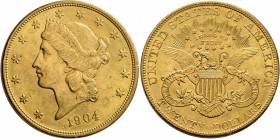 UNITED STATES. 20 Dollars (Gold, 34 mm, 33.43 g, 7 h), Liberty Head Double Eagle 1904, Philadelphia. Head of Libery to left; date below. Rev. Eagle; v...