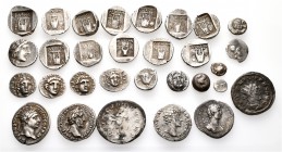 A lot containing 30 silver coins. Includes: Greek and Roman Imperial. About very fine to very fine. LOT SOLD AS IS, NO RETURNS. 30 coins in lot.