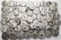 A lot containing 66 silver coins. All: Roman Imperial. About very fine to good very fine. LOT SOLD AS IS, NO RETURNS. 66 coins in lot.