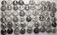 A lot containing 56 silver coins. All: Roman Imperial. About very fine to very fine. LOT SOLD AS IS, NO RETURNS. 56 coins in lot.