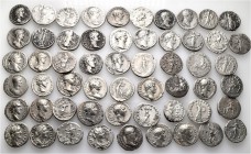A lot containing 56 silver coins. All: Roman Imperial. About very fine to very fine. LOT SOLD AS IS, NO RETURNS. 56 coins in lot.