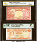 Bahamas Bahamas Government; Monetary Authority 10 Shillings; 5 Dollars (ND 1953); 1968 Pick 14d; 29a Two Examples PCGS Banknote About UNC 55; PMG Abou...