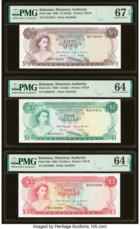 Bahamas Monetary Authority 1/2; 1; 3 Dollars 1968 Pick 26a; 27a; 28a Three Examp...