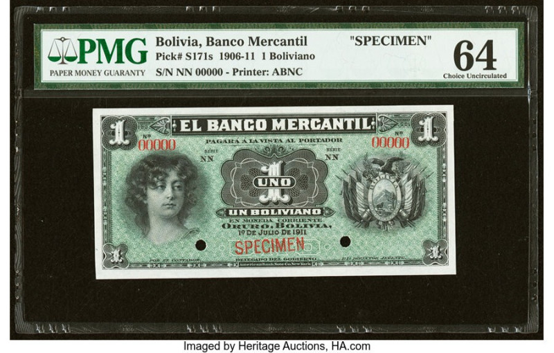 Bolivia Banco Mercantil 1 Boliviano 1.7.1911 Pick S171s Specimen PMG Choice Unci...