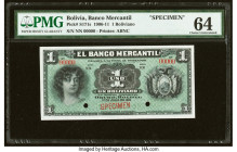 Bolivia Banco Mercantil 1 Boliviano 1.7.1911 Pick S171s Specimen PMG Choice Uncirculated 64. Two POCs are noted on this example. HID09801242017 © 2022...