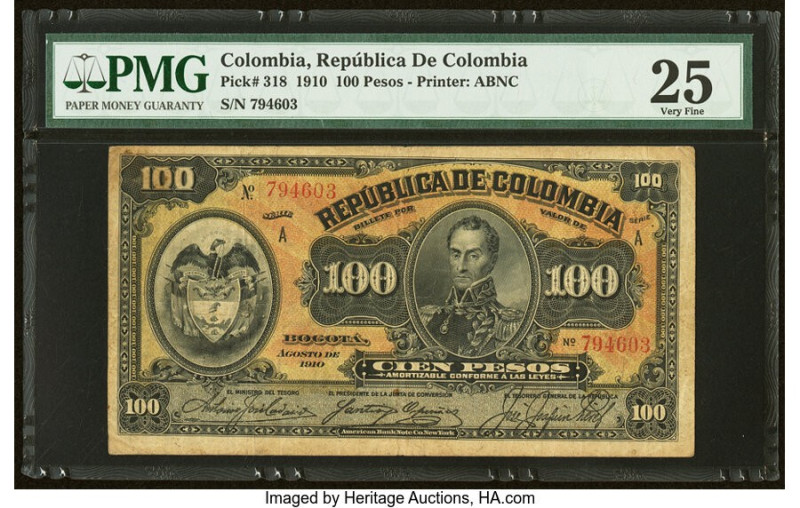 Colombia Banco de la Republica 100 Pesos 1910 Pick 318 PMG Very Fine 25. Minor r...