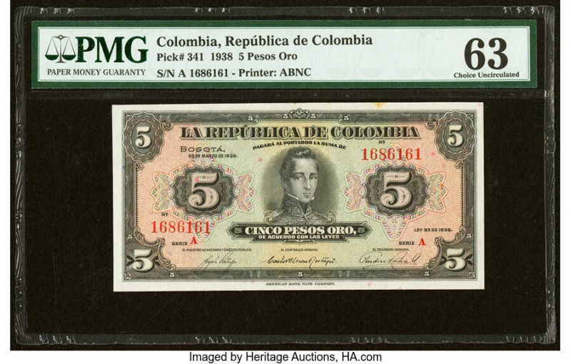 Colombia Banco de la Republica 5 Pesos Oro 22.3.1938 Pick 341 PMG Choice Uncircu...