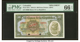 Colombia Banco de la Republica 500 Pesos Oro 1.1.1951 Pick 391s Specimen PMG Gem Uncirculated 66 EPQ. Two POCs are noted on this example. HID098012420...