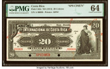 Costa Rica Banco Internacional de Costa Rica 20 Colones ND (1914) Pick 162s Specimen PMG Choice Uncirculated 64. Two POCs and printer's annotations ar...