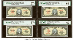 Cuba Banco Nacional de Cuba 20 Pesos 1949 Pick 80a Seven Examples PMG Superb Gem Unc 67 EPQ (7); Cuba Banco Nacional de Cuba 50 Pesos 1950 Pick 81a Th...