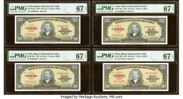 Cuba Banco Nacional de Cuba 20 Pesos 1949 Pick 80a Three Examples PMG Superb Gem Unc 67 EPQ (3); Cuba Banco Nacional de Cuba 20 Pesos 1958 Pick 80b Th...