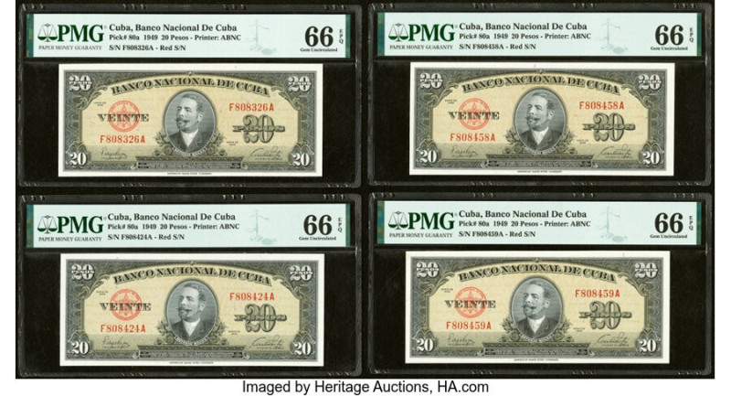 Cuba Banco Nacional de Cuba 20 Pesos 1949 Pick 80a Ten Examples PMG Gem Uncircul...