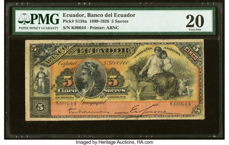 Serial Number 644 Ecuador Banco del Ecuador 5 Sucres 1899-1926 Pick S158a PMG Ve...