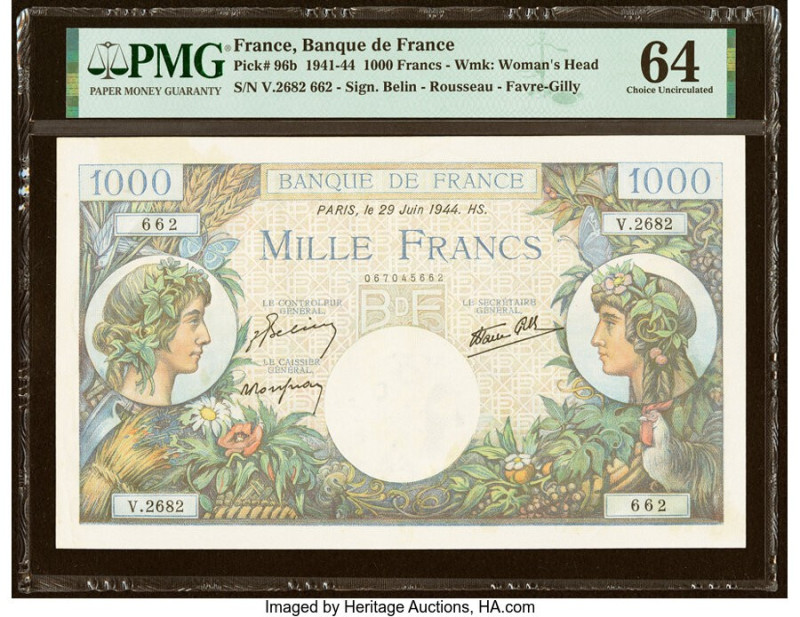 France Banque de France 1000 Francs 29.6.1944 Pick 96b PMG Choice Uncirculated 6...