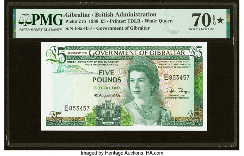 Gibraltar Government of Gibraltar 5 Pounds 4.8.1988 Pick 21b PMG Seventy Gem Unc...