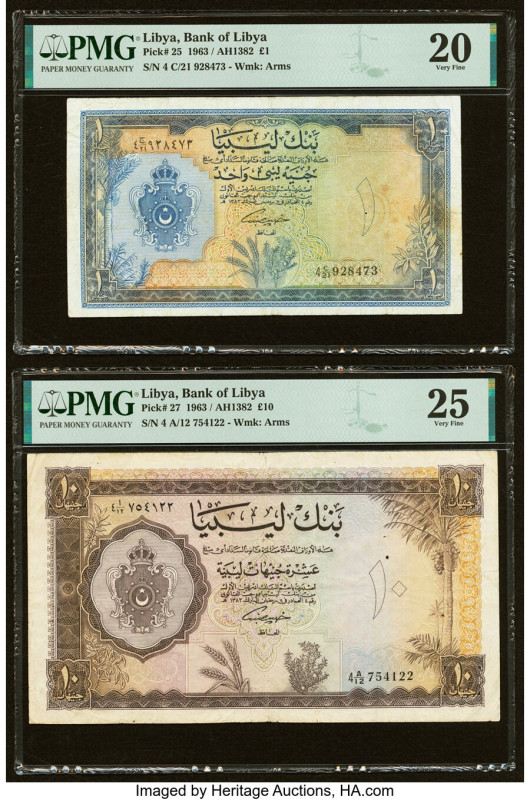 Libya Bank of Libya 1; 10 Pounds 1963 / AH1382 Pick 25; 27 Two Examples PMG Very...