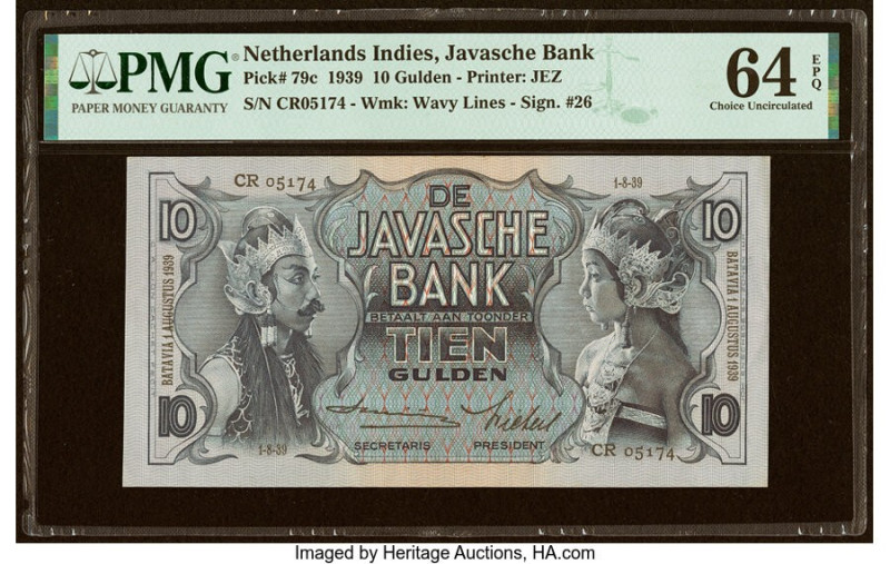 Netherlands Indies Javasche Bank 10 Gulden 1.8.1939 Pick 79c PMG Choice Uncircul...