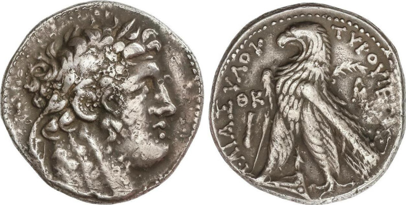 Tetradracma. 29-98 a.C. TIRO. FENICIA. Anv.: Cabeza laureada de Melqarth a derec...